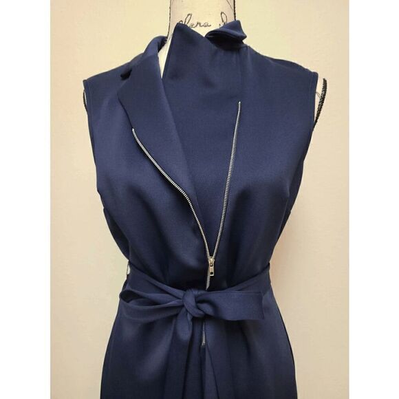 💙 EN FOCUS STUDIO Sleeveless Belted Moto Sheath Navy Blue Dress SIZE 8 - Picture 7 of 10